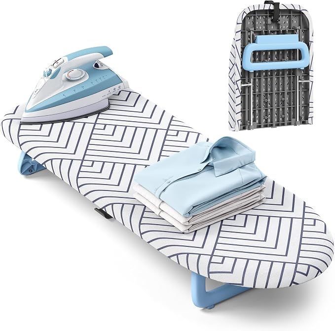 Foldable small ironing board tabletop, Mini iron board small, Table top mini ironing boards small with cover and pad, Folding compact portable iron and ironing boards set for travel, 12*32 Snow White