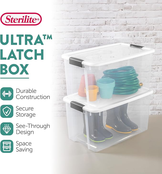 Sterilite 24-Pack Ultra Latching Box, Storage Bins with Lids, Clear Plastic, 70 Quart - Heavy-Duty Organizing Containers for Closet, Bathroom, and Office