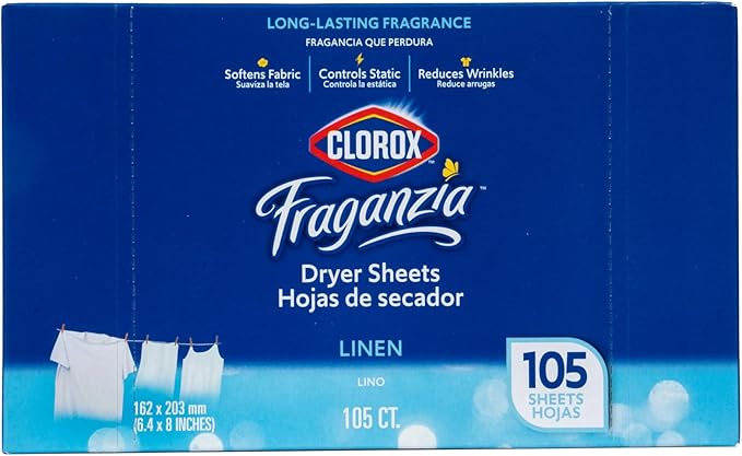 Clorox Fraganzia Fabric Softener Dryer Sheets Wrinkle Reducing Anti Static Softens Fabrics Fresh Smelling Clothes Clean Linen Scent 105 Count Single Box for Home Dorm and Laundry Room Use