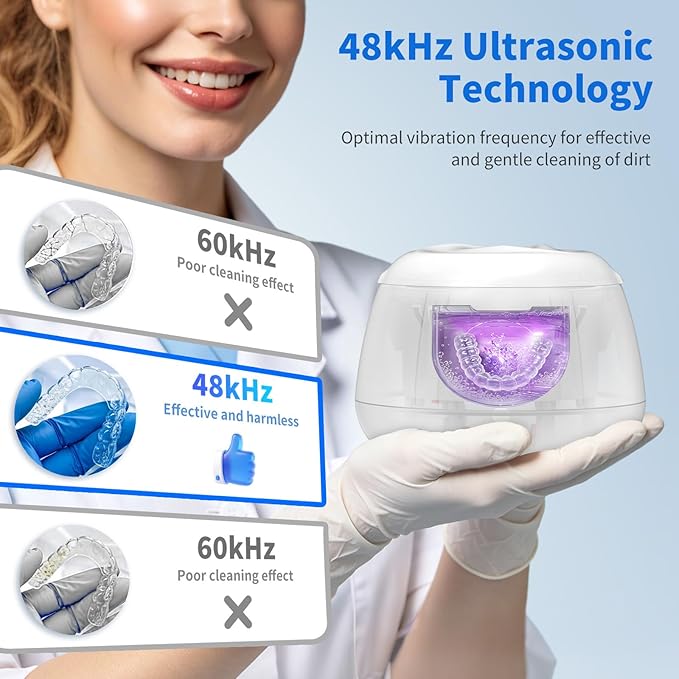 Ultrasonic Retainer Cleaner Machine 48kHz Denture and Aligner Cleaning Pod for Mouth Guards Night Guards Dental Trays Braces Toothbrushes Jewelry with 200ML Capacity (White)
