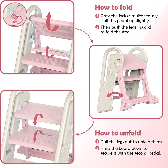 Onasti Foldable Step Stool for Kids & Toddlers, 3 Step Convertible to 2 Step with Handles, Training Stool for Bathroom Sink & Kitchen Counter, Non-Slip Stable Step Stool for Growing Children- Pink