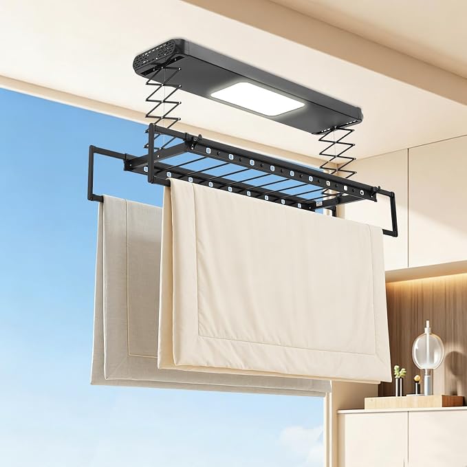 Electric Clothes Airing Rack,Adjustable Ceiling Mounted Smart Control Clothes Airing Rack w/ LED Lighting & 2 Retractable Rods,Vertical Laundry Clothesline w/ 8 Horizontal Rods for Balcony (Black)