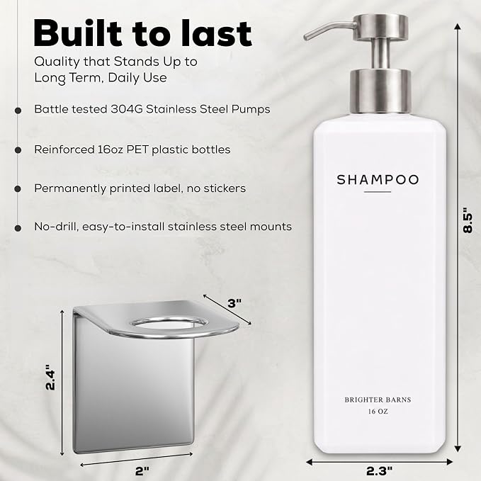 Luxury Shampoo and Conditioner Dispenser Set Wall Mounted by Brighter Barns - Refillable Shower Dispenser with Stainless Steel Pumps - Shampoo Bottles 3 Chamber No Drill for Airbnb, Spa, Hotel (White)