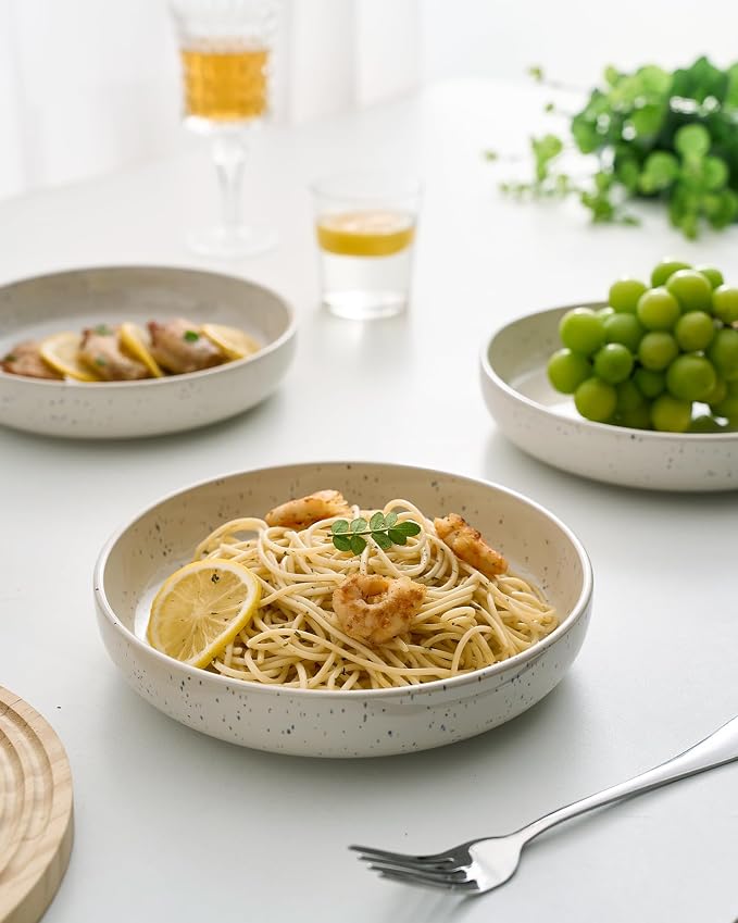 famiware Milkyway 33 oz Bowl Set, Pasta Bowls Set of 8, Salad Bowls, Double Reactive Glaze, Sturdy & Stackable, Ideal for Housewarming, Festivals, Creamy White with Speckles