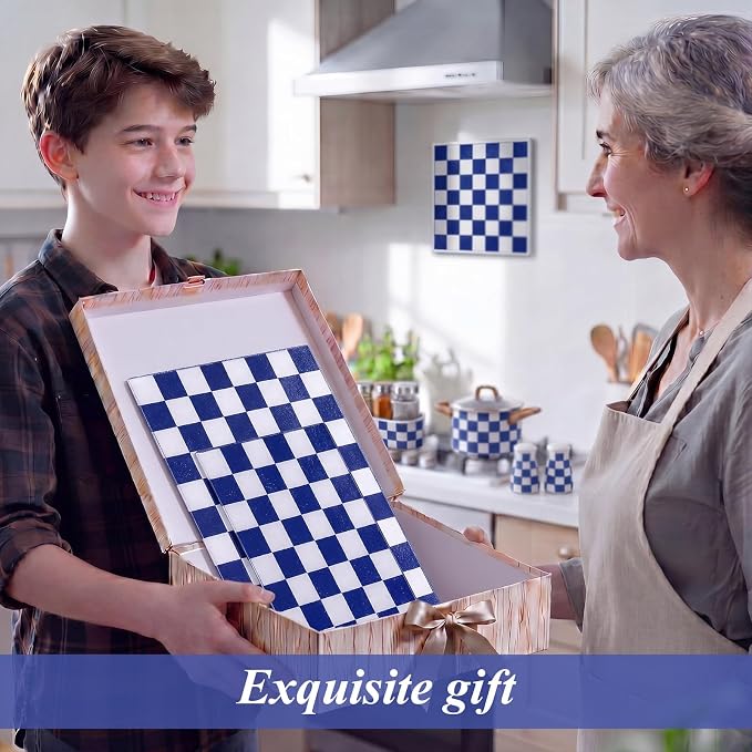 Thenshop Set of 2 Tempered Glass Cutting Boards Blue Check Countertop Cutting Boards Heat Resistant with Non-slip Feet for Kitchen Counter Housewarming Wedding Gift 7.9x11inch+11x15 Inch