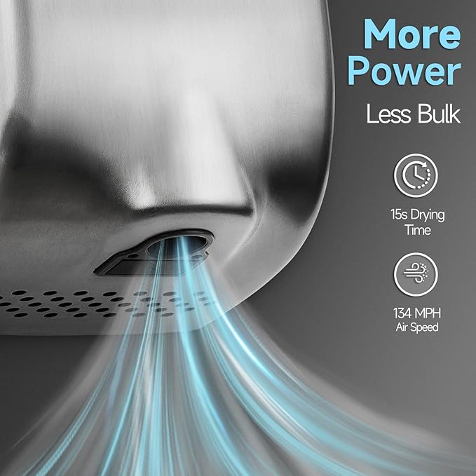 anydry Compact Hand Dryer, High-Speed 1350W Airflow, Brushed Stainless Steel Finish, Space-Saving for Commercial & Home Use, Model AD2803Y