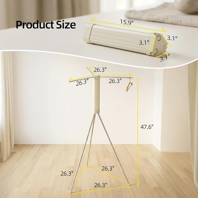 BIREN Foldable Clothes Drying Rack Tripod Clothes Rack Heavy Duty Clothing Racks Laundry Rack Drying for Travel, Camping, Hotel, Apartment, 3 Poles