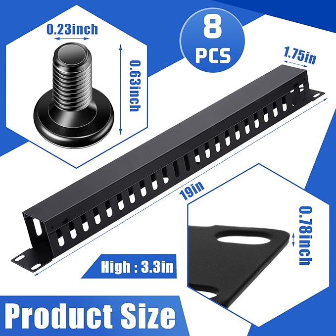 8 Pieces 19 Inch Cable Manager 1U 24 Slot Horizontal Server Rack Mount Cable Management Organizer Raceway Metal Finger Duct with Cover and Screw for Wire Network Wall Cord, Black