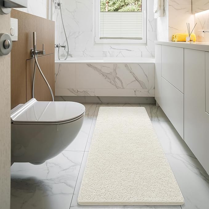 LOCHAS Luxury Bathroom Rug Shaggy Bath Mat 24 x 60 Inch, Cream White | Washable Non Slip Bath Rugs for Bathroom Shower, Soft Plush Chenille Absorbent Carpets
