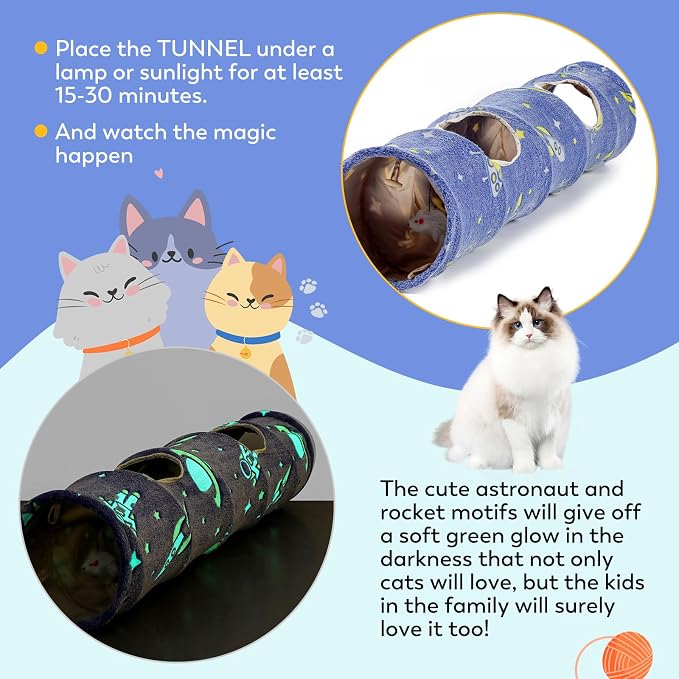 Glowing Astronaut Pattern Cat Tunnel - Collapsible with Plush Balls, Ideal for Indoor Cats, Rabbits, Kittens, Ferrets & Puppies (Blue)
