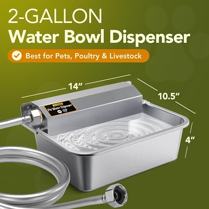 Automatic Water Dispenser for Dogs 2 Gallons, 304 Stainless Steel Dog Water Bowl Dispenser for Farm Chicken Pets Indoor&Outdoor Dog Waterer Feeder Fit 3/4'' GHT Faucet Auto Filling Wide Drinking Area