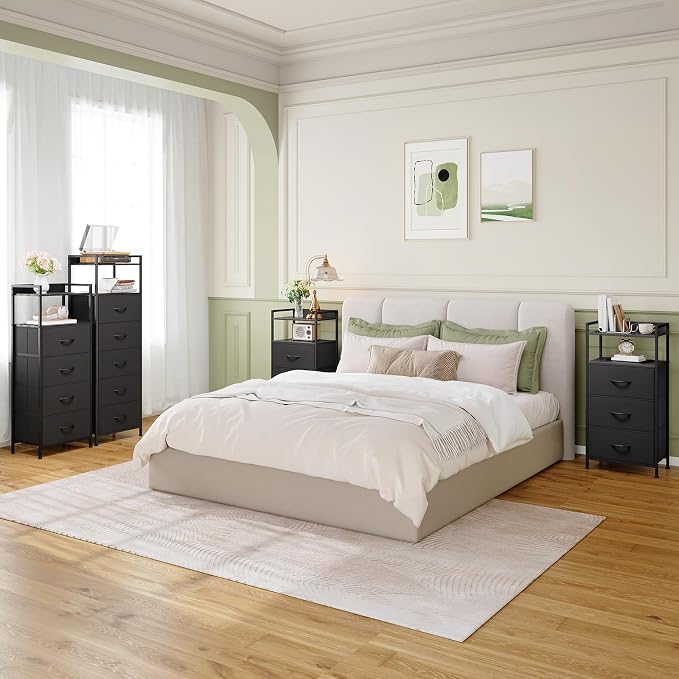 Somdot Nightstand with 3 Drawers, Dresser with Fabric Bins for Bedroom, Hallway, Entryway, Night Stand Bedside Table Furniture, Sturdy Steel Frame, Wooden Top, Easy Pull Fabric Bins, Black