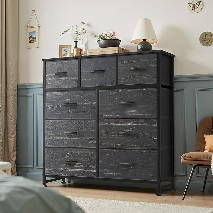 OLIXIS 9 Drawer Storage Dresser with Wood Top - Wide Fabric Chest Organizer for Bedroom, Closet, Living Room,Tower Cabinet, TV Stand, Hallway Entryway Furniture,Black Wood Grain