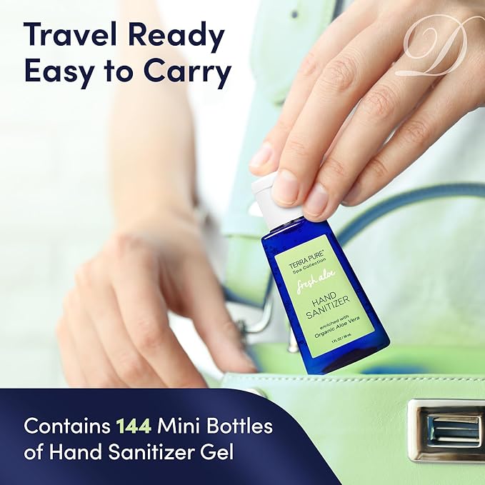 Terra Pure Hand Sanitizer Gel, 1 oz 144 Pack, Alcohol Free Silver Citrate Formula with Aloe Vera and Vitamin E, Non Drying Bulk Travel Size for Hotels, Gyms, Schools, Offices, Events