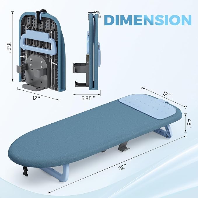 KINGBOARD Tabletop Ironing Board, Small Iron Board with Iron Holder, Foldable Mini Ironing Board, Easy Storage for Travel & Dorm, 12x32 Blue