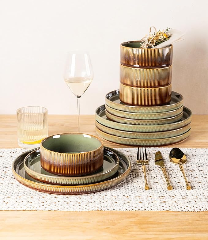 TheTerra Ceramic Dinnerware Sets for 4, 12 Pieces Porcelain Lightweight Plates and Bowls Sets, Scratch Resistant Dish Set, Oven & Microwave & Dishwasher Safe, Sage Umber