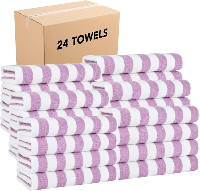Arkwright California Cabana Stripe Beach Towel Bulk - Case of 24, Large Soft Quick Dry 100% Cotton Terry Towels Set for Pool, Swim, and Hot Tub, Oversized 30 x 70 in, Lavender