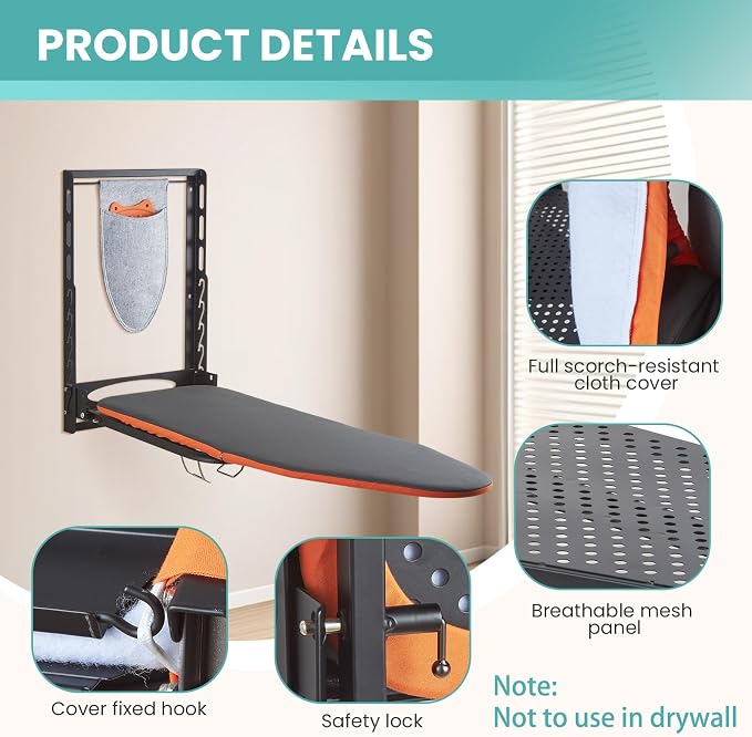 Seiritex Wall Mounted Ironing Board with Iron Holder, 36x13 Compact Mount Foldable Ironing Board for Small Spaces, Space Saving with Cotton Fabric Cover and Silicone Iron Rest