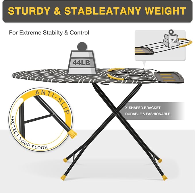 KINGBOARD Ironing Board Full Size with Metal Panel, Foldable Ironing Board with Iron Rest, 7 Height Adjustable, Heat Resistant Thick Padding Cover, Easy Storage Heavy Duty Iron Board,15x48, Black