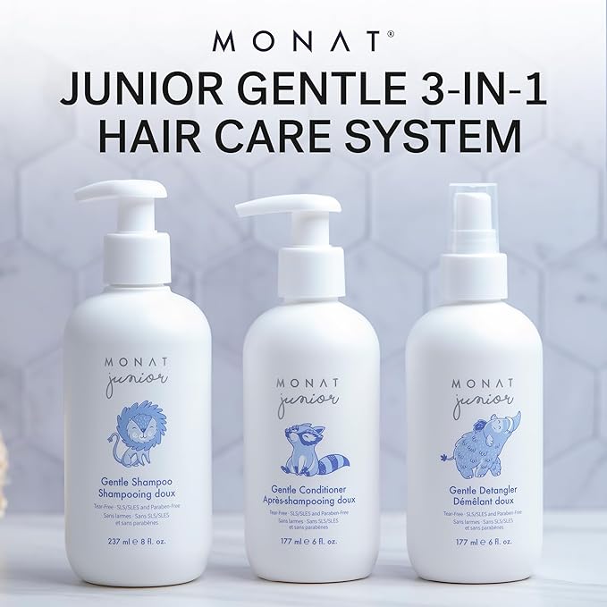 MONAT Junior Gentle 3-in-1 Hair Care System - Shampoo, Conditioner, Detangler for Children (8 fl. oz./6 fl. oz.)