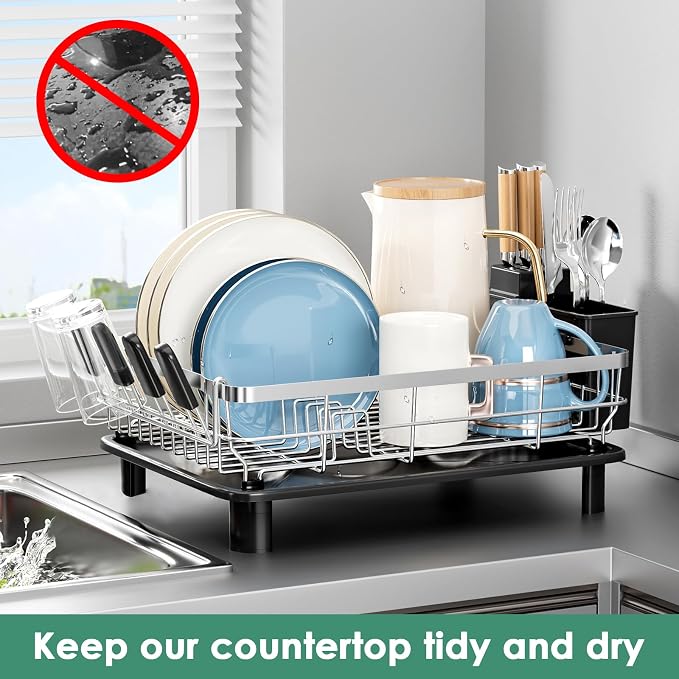 MOUKABAL Stainless Steel Dish Drying Rack for Kitchen Counter, Black Silver | 13×17 Large Capacity/Drainboard with Rotating Spout/Removable Cup & Utensil Holders/Fast Drainage/Countertop Dish Drainer
