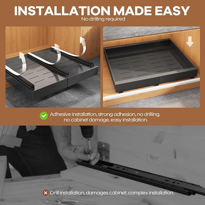 Seinloes 4 Pack Expandable Width (15.15"-26.3") Pull Out Cabinet Organizer 21" Deep with Raising Pad for Framed Cabinets, Upgrade 3 Slide Rails Slide Out Drawers, Roll Out Shelves Adhesive, Black
