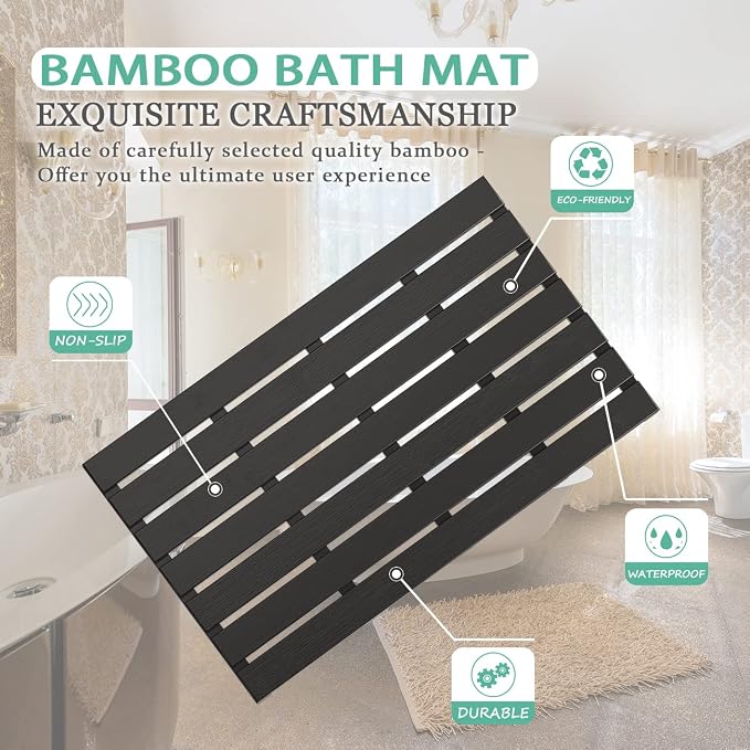 Bamboo Wooden Bath Floor Mat for Luxury Shower - Non-Slip Bathroom Waterproof Carpet for Indoor or Outdoor Use (Black,31.3 x 18.1 x 1.5 Inches)