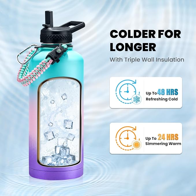 RAYMYLO Insulated Water Bottle 87 oz, Triple Wall Vacuum Stainless Steel (Cold for 48 Hrs), Leak Proof & Non-BPA, Modern Water Flask Jug with Paracord Handle & Straw Spout Lids, Hydrangea