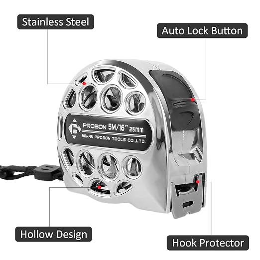 16 Ft Tape Measure, Stainless Steel Double Sided Scale Retractable Measuring Tape, Anti Fall Wear Resistant Metric Ruler, Hollow Design, Self Lock