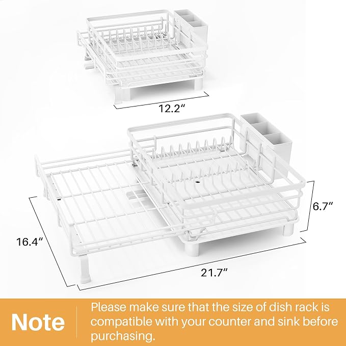 Expandable Dish Drying Rack for Kitchen Counter, Stainless Steel, White | Foldable Over Sink, Large Capacity, Adjust to Fit Most Sinks, Angled Drainboard, Removable Utensil Holder, Slip Resistant