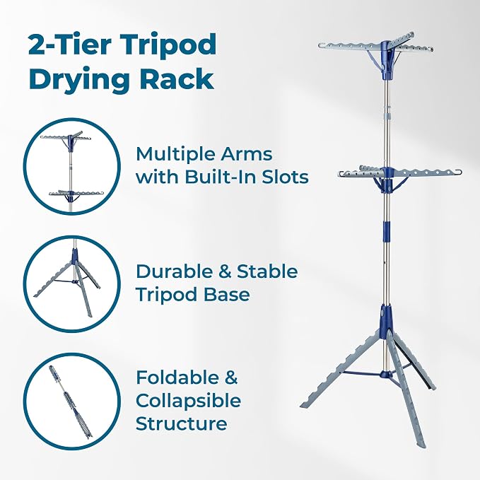 Honey-Can-Do 2-Tier Tripod Clothes Drying Rack, 73", Chrome Steel | 73" tall 2-tier tripod holds 30 garments and long dresses off the floor. Chrome steel resists rust; folds compact.