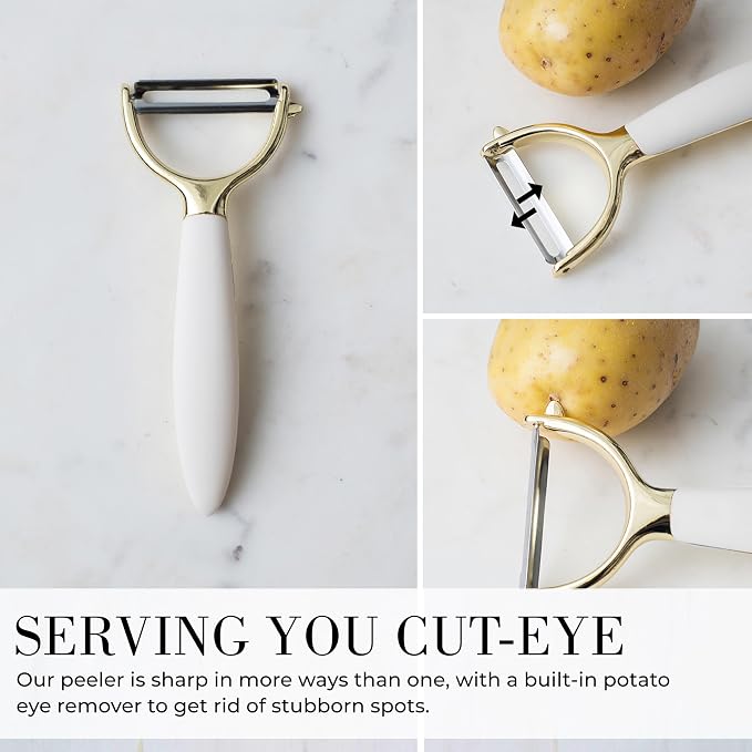 White & Gold Cooking Utensils Set - Luxe 8-Piece Kitchen Gadget Set Includes Can Opener, Tongs and Garlic Press - Stylish White and Gold Kitchen Accessories for Modern Kitchens, Ideal for Gifting