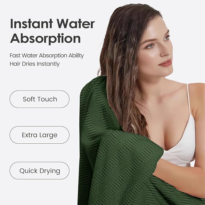 JML Microfiber Bath Towels, Olive-Green, 30" x 60", Pack of 2 | Hanging Hook, Lint Free, Oversized, Soft, Super Absorbent, Fast Drying, Use for Sport, Fitness, Yoga, Diamond Cross Grid