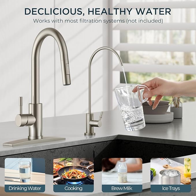 FORIOUS Kitchen Faucet and Water Filter Faucet Combo, Stainless Steel Traditional Sink Faucet with Drinking Water Faucet Fits Reverse Osmosis, Water Filtration System and Pot Filler, Brushed Nickel