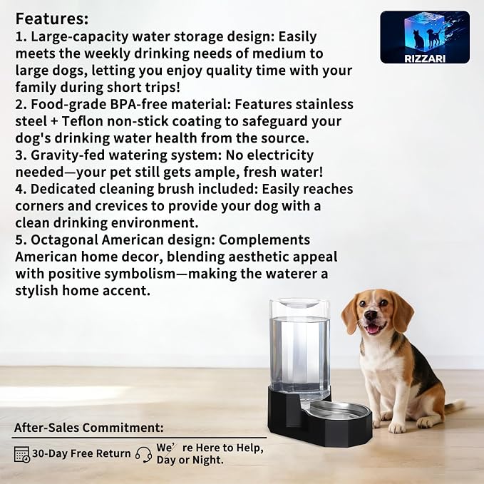 Sfozstra 8L Large Dog Water Dispenser: Gravity Pet Water Station | 304 Stainless Steel Bowl/Spill-Proof / Non-Slip Base/Easy-Clean/ For Large Dogs & Multi-Pet Homes, Garage/Patio