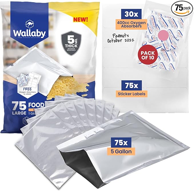 Wallaby 75 Count 1-Gallon Mylar Bags with 400cc Oxygen Absorbers, 10 Mil Total Thickness Long-Term Food Storage Pouches, 10x14 Heat-Sealable Airtight Packaging - Silver