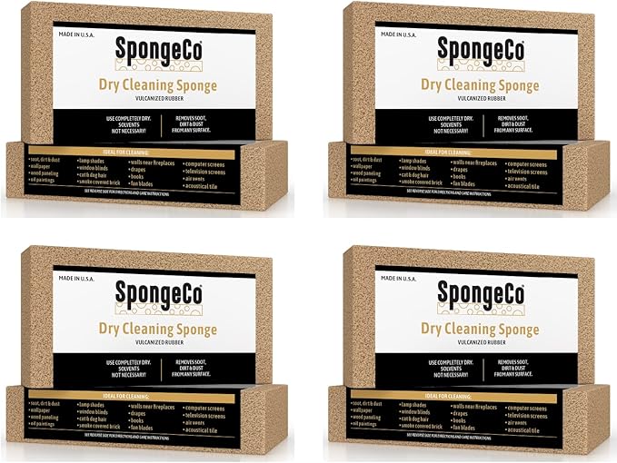 Dry Cleaning Soot Eraser Sponge - Pet Hair, Smoke, Soot, Dust and Dirt Remover - 3x6x3/4 (4 Pack) All Natural Latex Rubber, Made in The USA