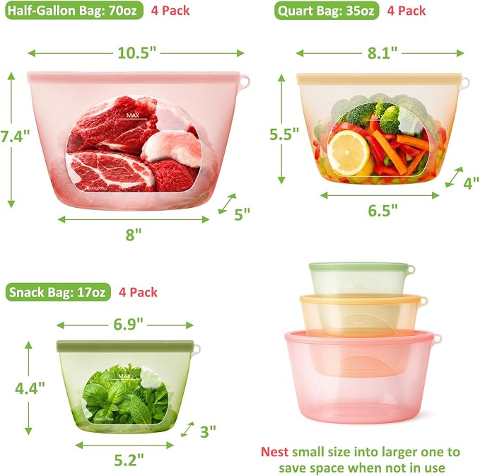 100% Reusable Silicone Bags for Food Storage, 12 Pack Double-Lock Reusable Bags Stand-Up Wide-Mouth Leakproof for Soup, Sous Vide, Freezer Microwave Dishwasher Safe, 4 Half Gallon 4 Sandwich 4 Snack