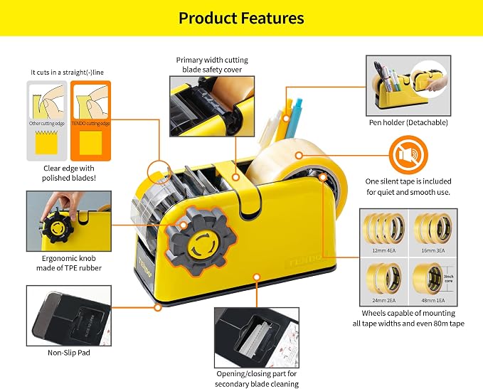 [TENDO°] TENDO Multi-Section Tape Dispenser, Custom Width Tape Cutter with 4 Cutting Sections, Built-in Safety Blade, Ergonomic Grip for Packing and Office Use, ZO-508(Yellow)
