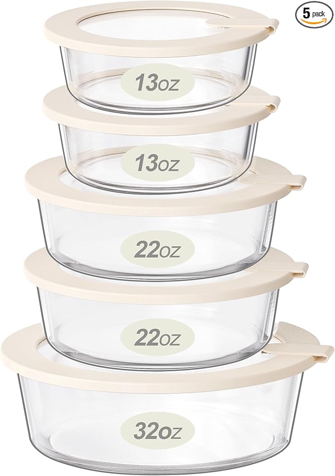 Glass Food Storage Containers with Glass Lids, Microwave Safe Food Container Set, Aitight Meal Prep Container Set, LeakProof, 100% Plastic Free, 5 Pack
