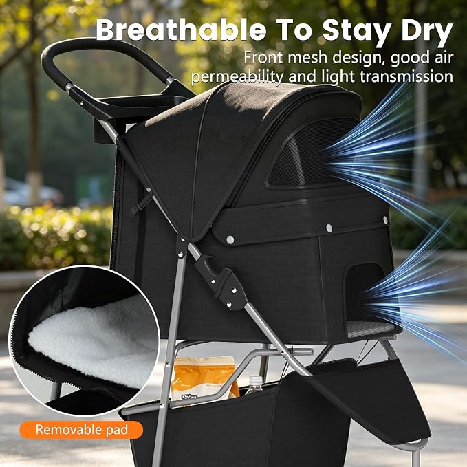 BestPet | 3-Wheel Pet Stroller | Dog and Cat Stroller | Breathable Mesh | Lightweight Travel Carrier | Waterproof & Foldable Design | Storage Basket | Black | for Daily Walks & Outdoor Use