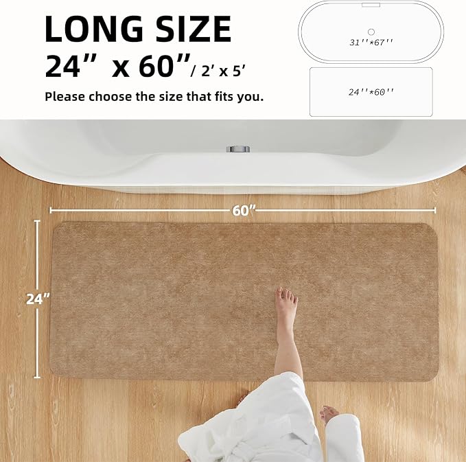 TYUU Bathroom Mat Quick Dry, Bathroom Rugs Non Slip Washable Thin Absorbent Bath Mat Fits Under Door Bathroom Floor Mat Perfect for Bath, Shower, or Sink 24"x60" Camel