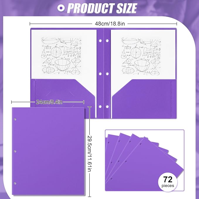 Yeaqee 72 Pcs Plastic Folders with Pockets Bulk 3 Hole Punched 2 Pocket File Folders for 3 Ring Binder Divider Folder for Notebooks, Durable Poly for Office Home (Purple)