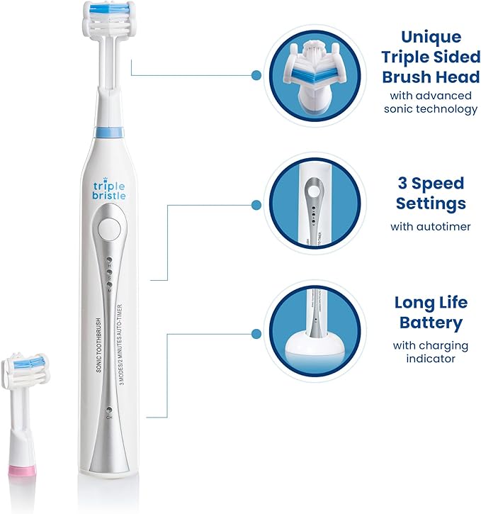 Triple Bristle Original Sonic Toothbrush | Rechargeable 31,000 VPM Tooth Brush | Patented 3 Head Design | Angled Bristles Clean Each Tooth | Dentist Created & Approved Original
