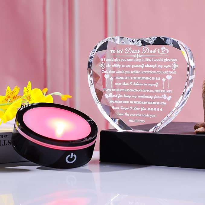 Arikyrist Dad Gifts with Colorful LED Base Meaningful Dad Birthday Gift from Daughter Son Crystal Heart to My Daddy Plaque Present for Father Who Wants Nothing on Fathers Day