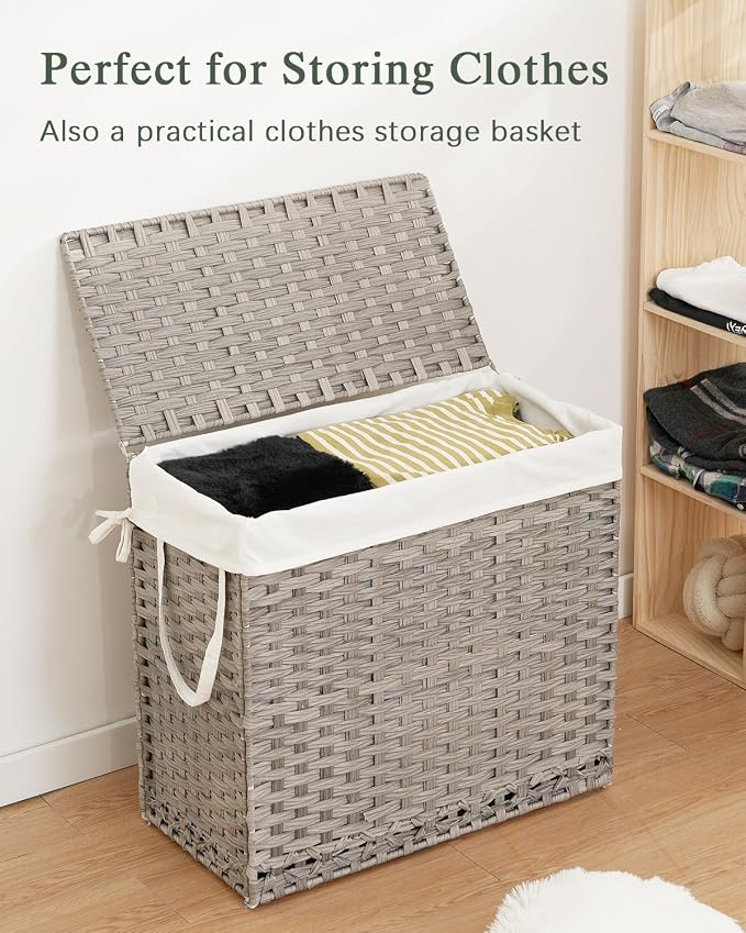 SETVSON Laundry Hamper with Lid Laundry Basket 132 L PE Rattan, Gray | 35 Gal PE Rattan Hamper with Lid, 4 Removable Washable Liners, 6 Mesh Laundry Bags, Steel Frame, Side Handles