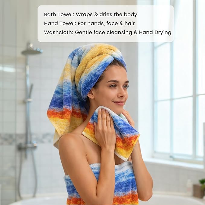 SEMAXE Bath Towel Set, 12 Piece Cotton Towel Set for Bathroom, More Towels for Family Use, Quick Dry with Hanging Loops, Easy Care, Colorful Striped