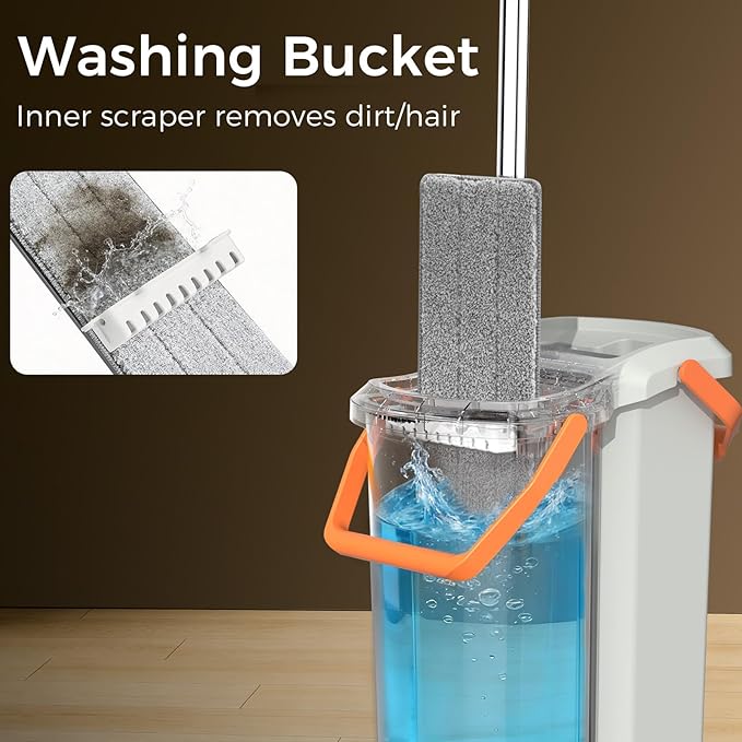 Flat Mop and Bucket Set with Wringer, Hands-Free Floor Mop System | Detachable Stackable Bucket, Hands-Free Wringing, Wet & Dry Microfiber Pads, Wall & Floor Cleaning