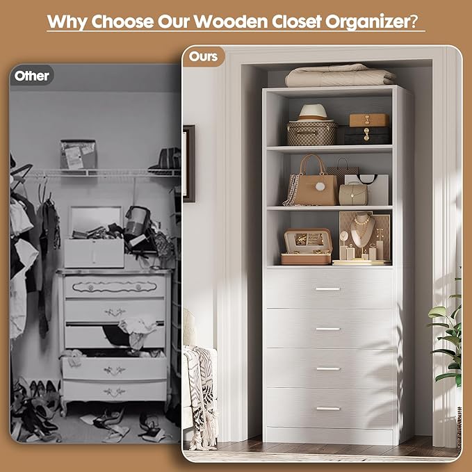 Aheaplus Closet Drawers System, 21.3" Wood Closet Organizer System with 4 Drawers, Modular Walk-in Closet System Storage Unit, Small Closets Wardrobe Rack, Tall Storage Cabinet Unit, White