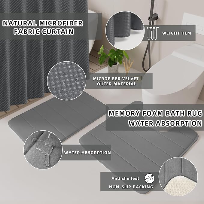 XLHOMO Bathroom Accessories Set - 25PC Grey Bathroom Set, Bathroom Set with Shower Curtain and Rugs, Grey Shower Curtain Set, Toilet Brush, Bathroom Trash Can